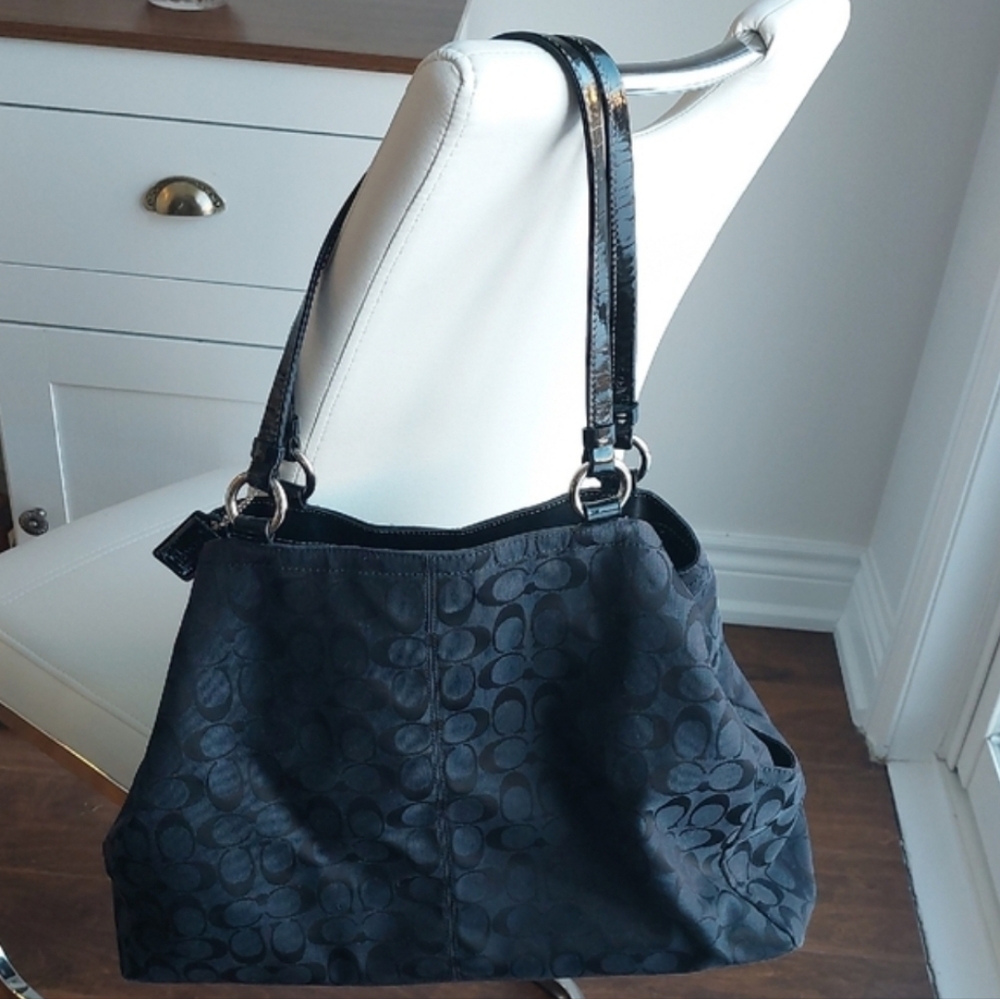 Coach Black Signature Jacquard Shoulder Bag with Patent Trim